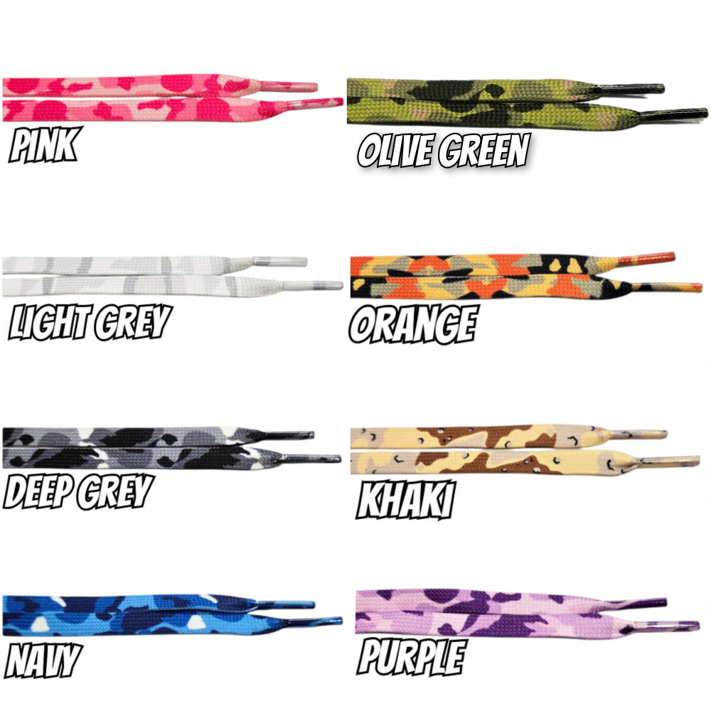 Camouflage Flat Shoelaces- 8 Colors - Orange - Pink - Khaki - Navy - Deep Grey - Light Grey - Purple - Olive Green -